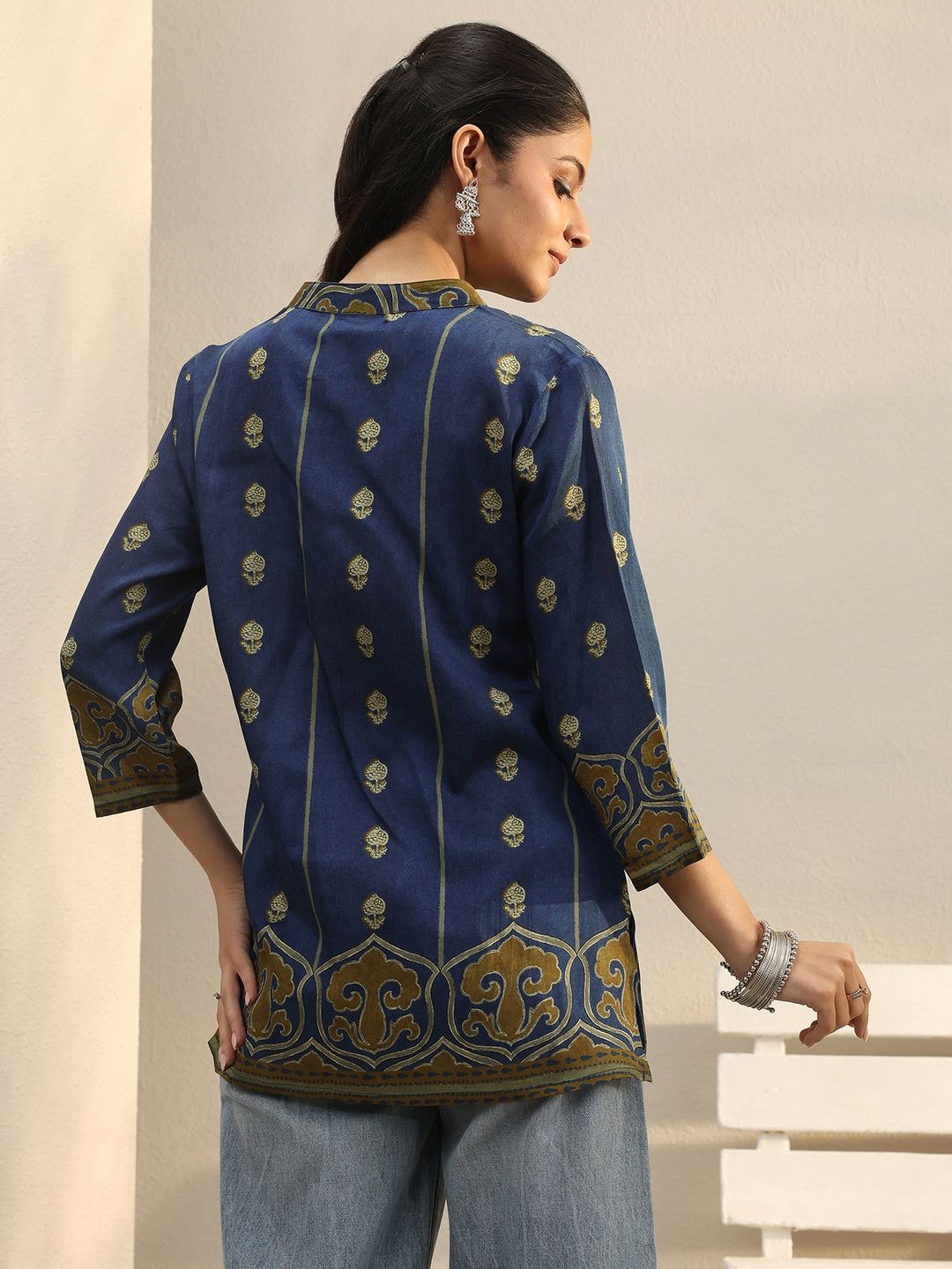 Blue Ethnic Printed Silk Blend Straight Short Kurti