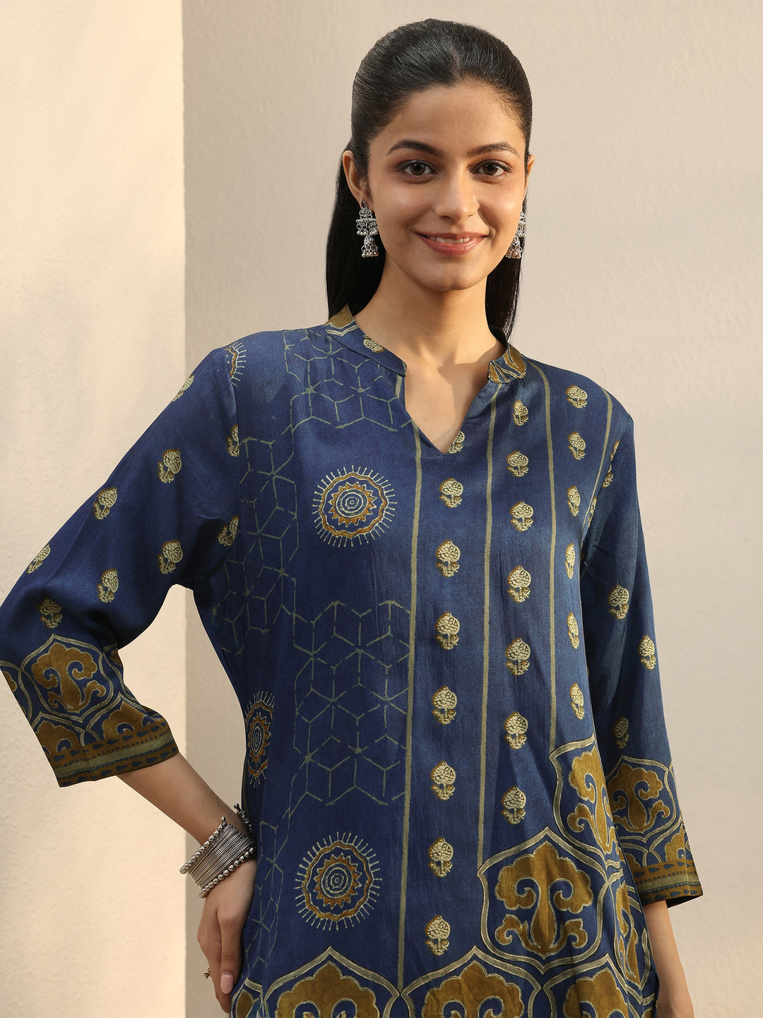 Blue Ethnic Printed Silk Blend Straight Short Kurti
