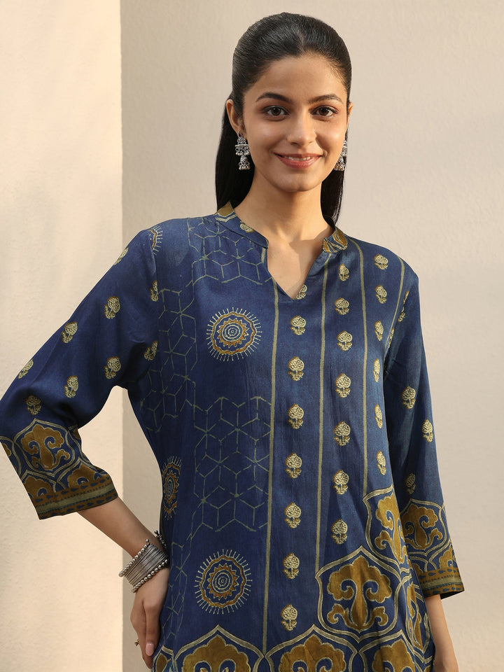 Blue Ethnic Printed Silk Blend Straight Short Kurti