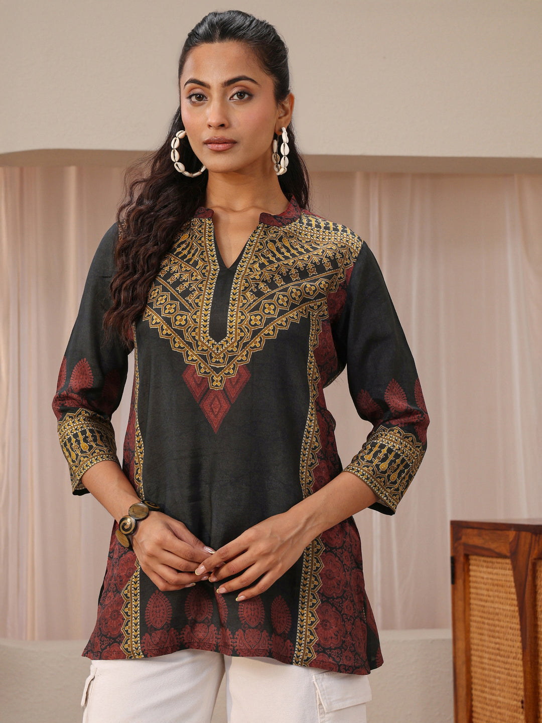 Black Ethnic Printed Silk Blend Straight Short Kurti