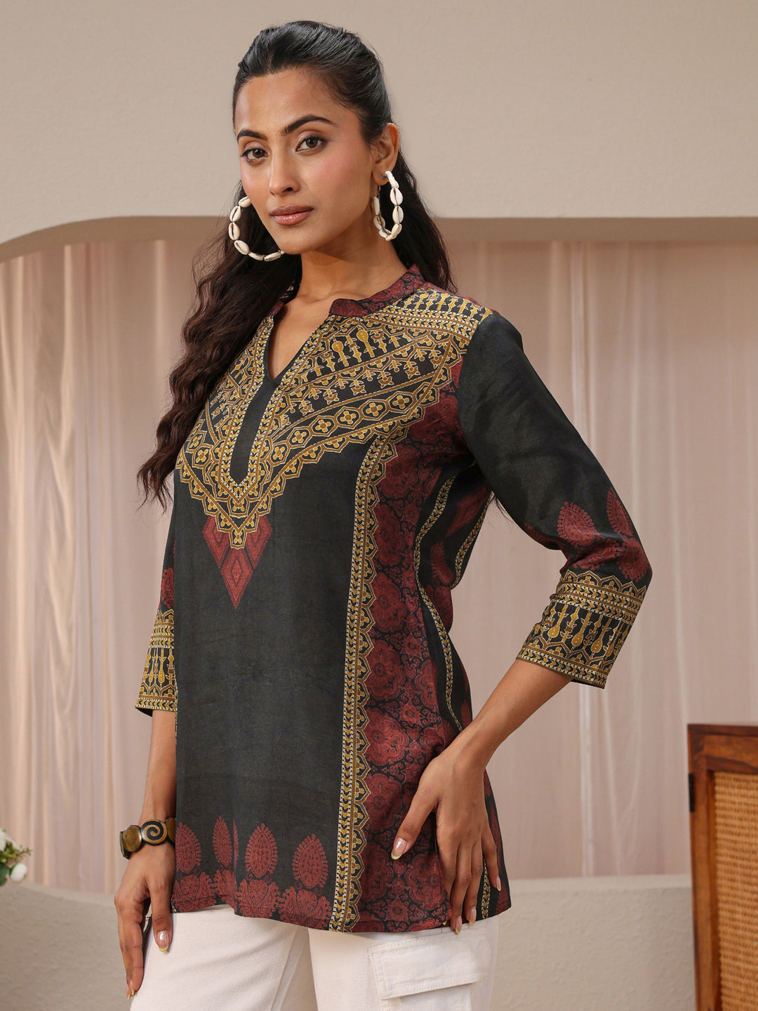 Black Ethnic Printed Silk Blend Straight Short Kurti