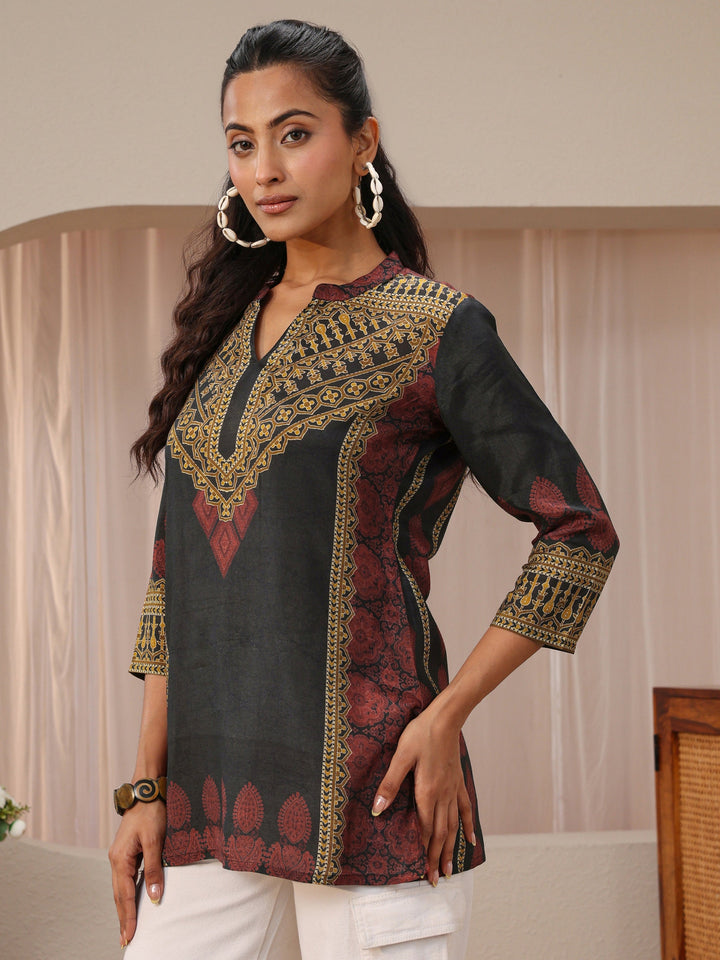 Black Ethnic Printed Silk Blend Straight Short Kurti