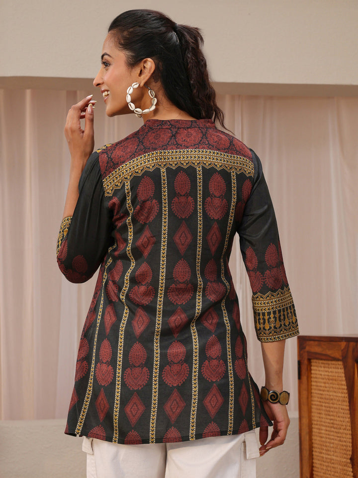 Black Ethnic Printed Silk Blend Straight Short Kurti