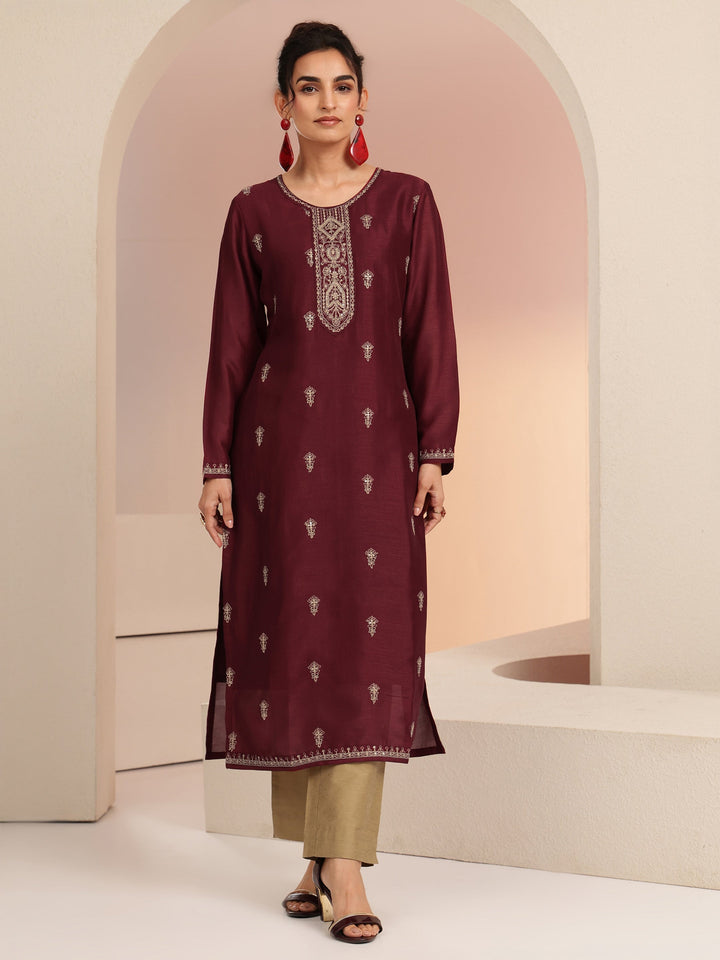Libas Maroon Ethnic Embroidered Silk Blend Straight Kurta