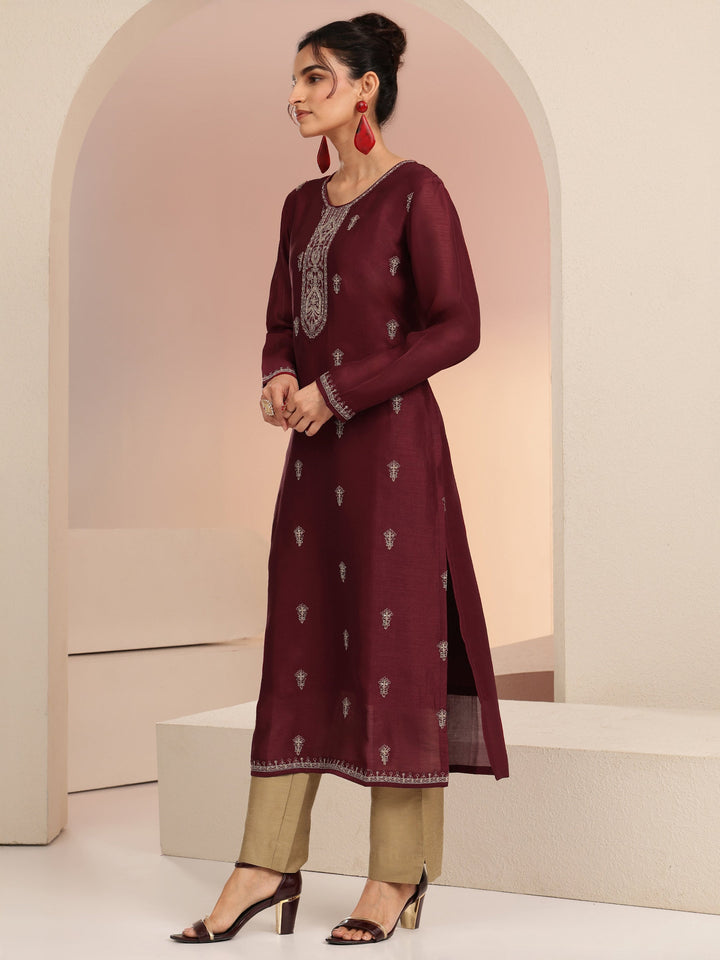 Libas Maroon Ethnic Embroidered Silk Blend Straight Kurta