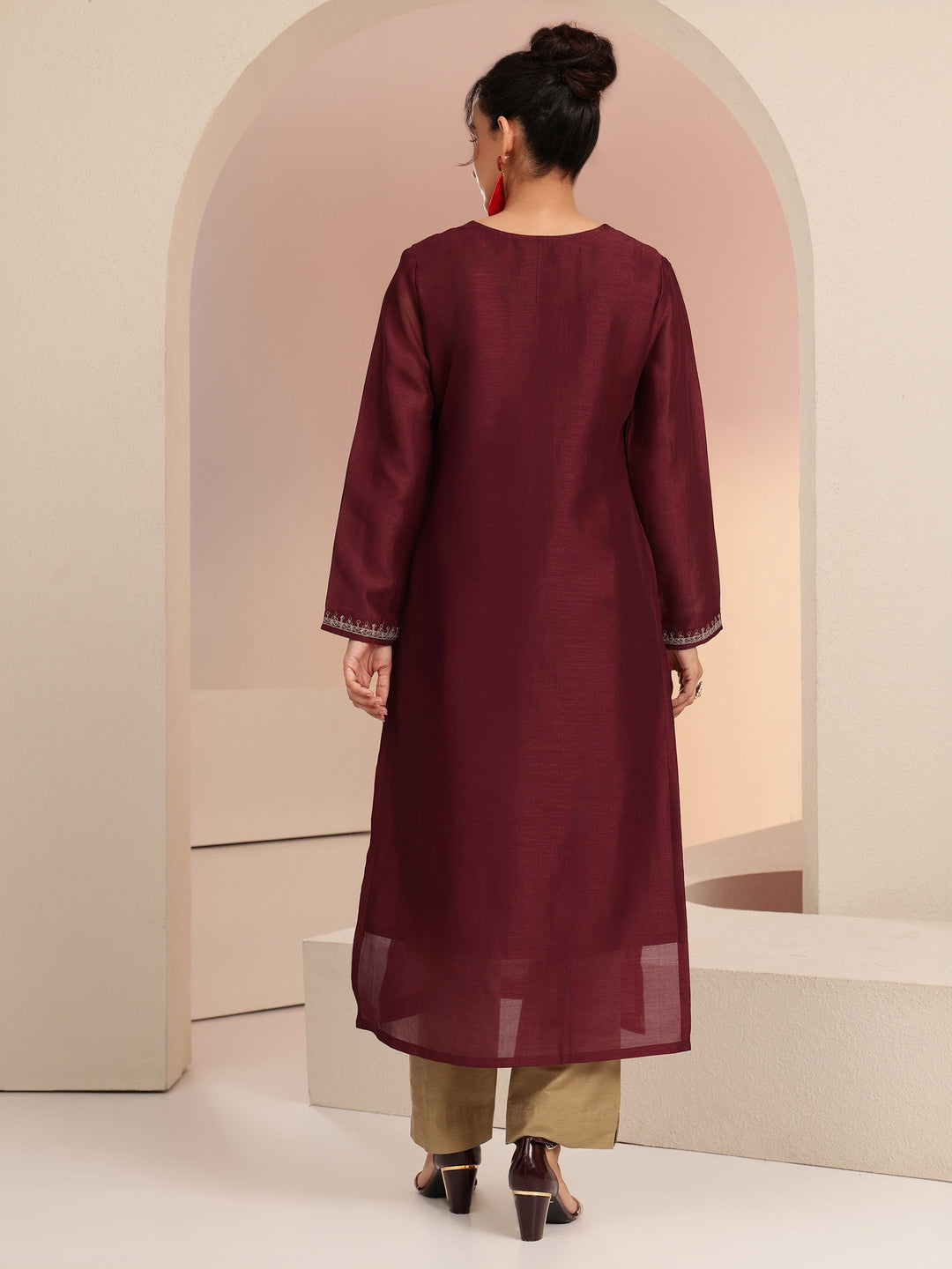 Libas Maroon Ethnic Embroidered Silk Blend Straight Kurta
