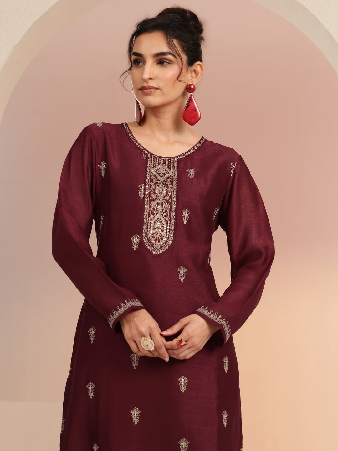 Libas Maroon Ethnic Embroidered Silk Blend Straight Kurta