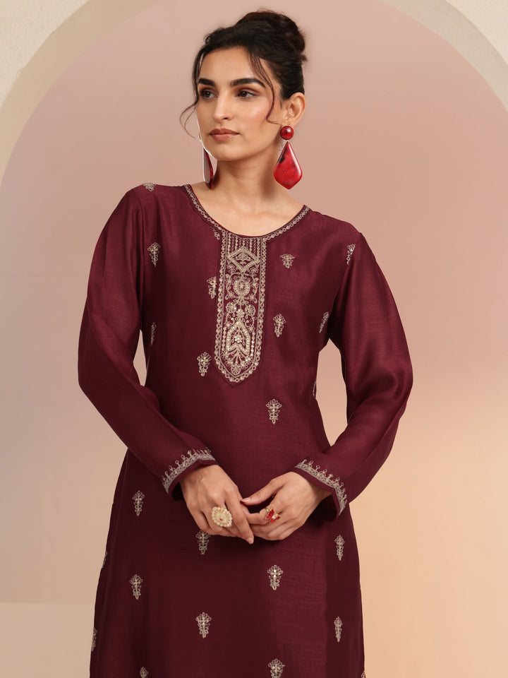 Libas Maroon Ethnic Embroidered Silk Blend Straight Kurta