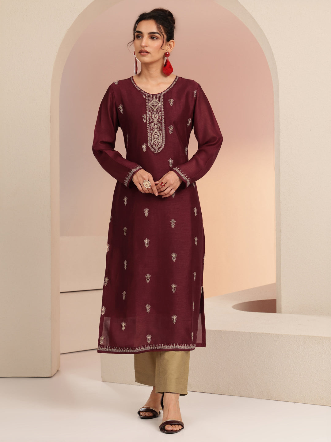 Libas Maroon Ethnic Embroidered Silk Blend Straight Kurta
