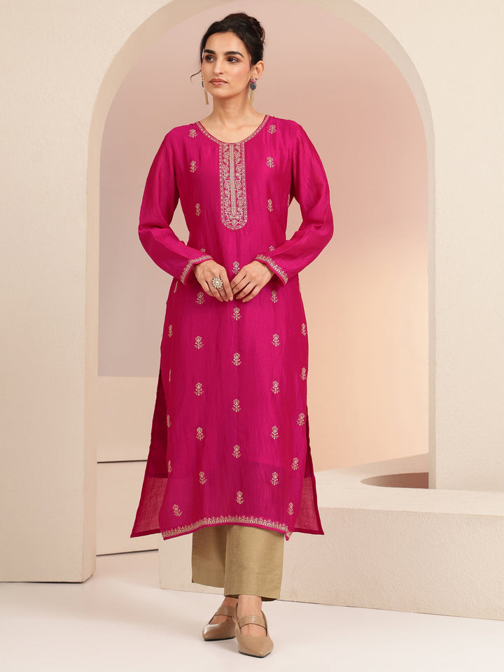 Libas Rani Pink Ethnic Embroidered Silk Blend Straight Kurta