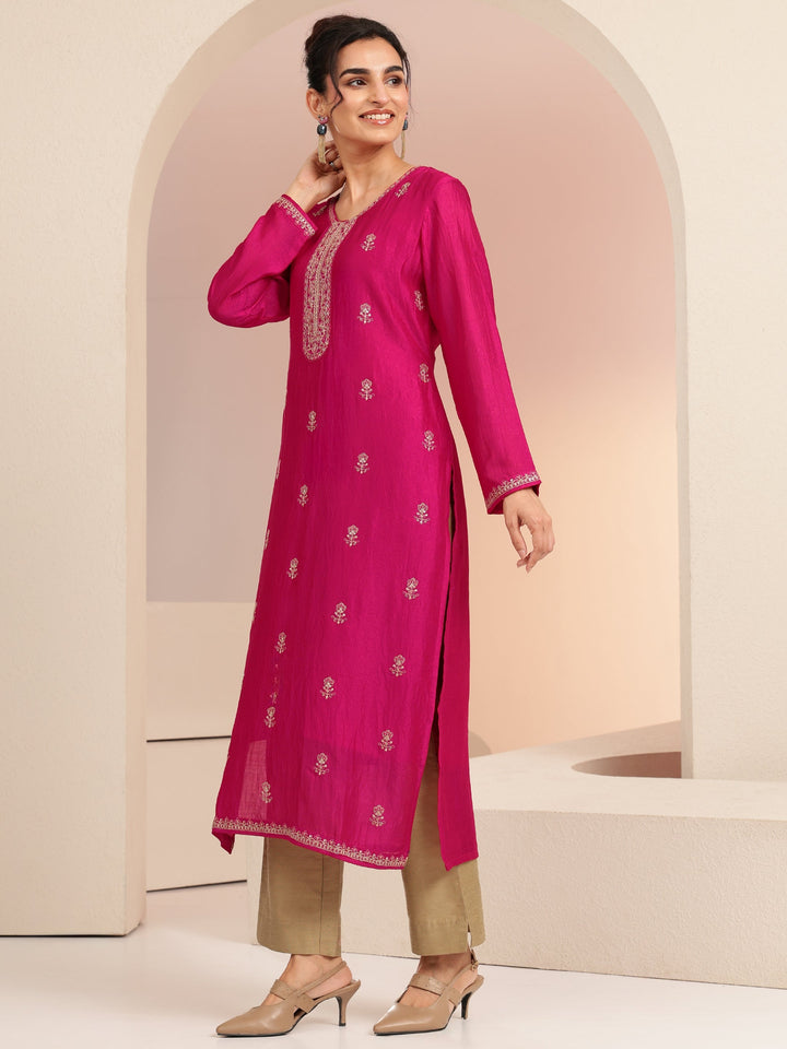 Libas Rani Pink Ethnic Embroidered Silk Blend Straight Kurta