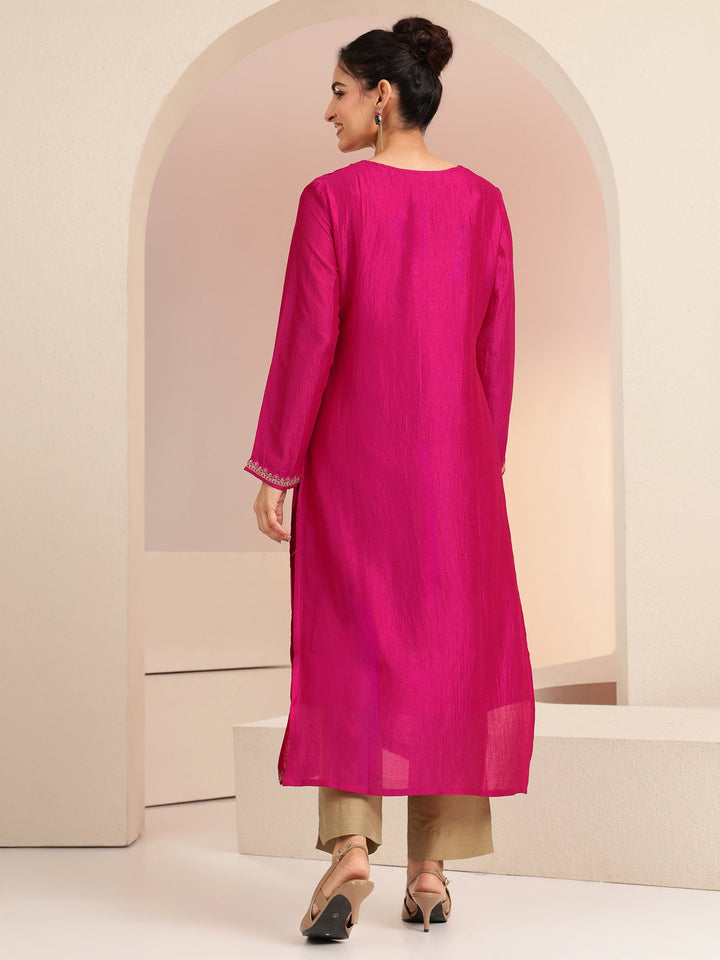 Libas Rani Pink Ethnic Embroidered Silk Blend Straight Kurta