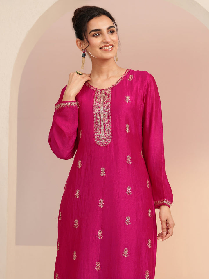 Libas Rani Pink Ethnic Embroidered Silk Blend Straight Kurta