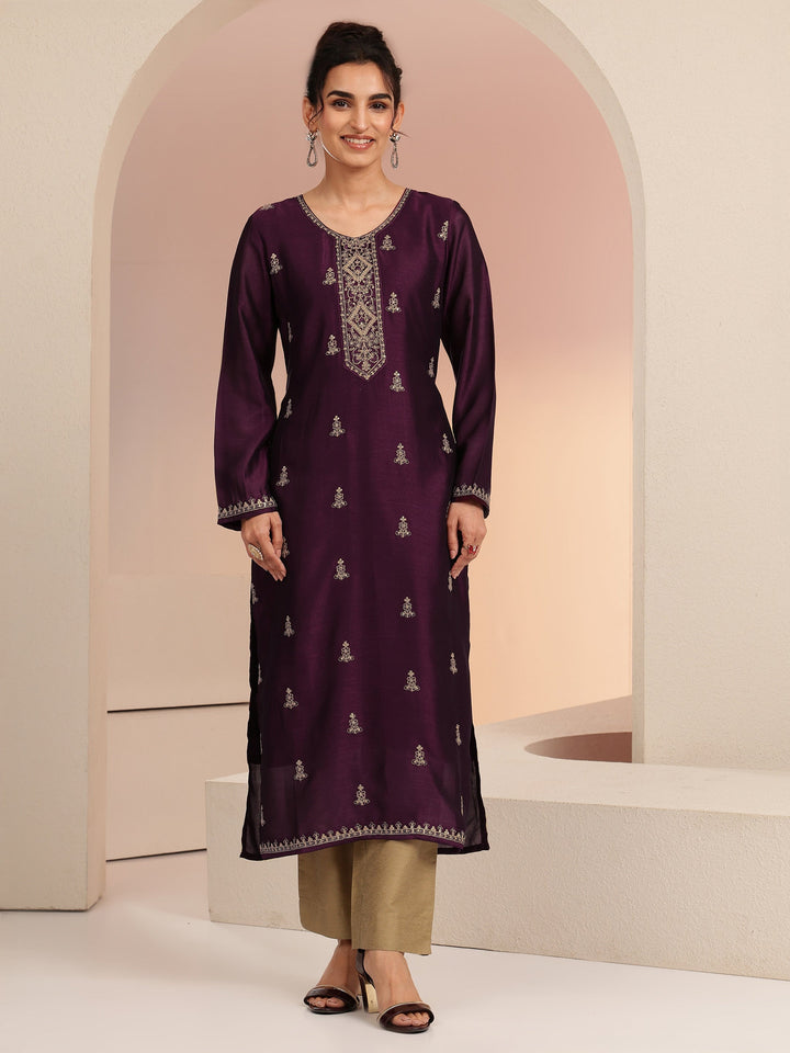 Libas Burgundy Ethnic Embroidered Silk Blend Straight Kurta