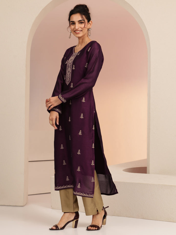 Libas Burgundy Ethnic Embroidered Silk Blend Straight Kurta