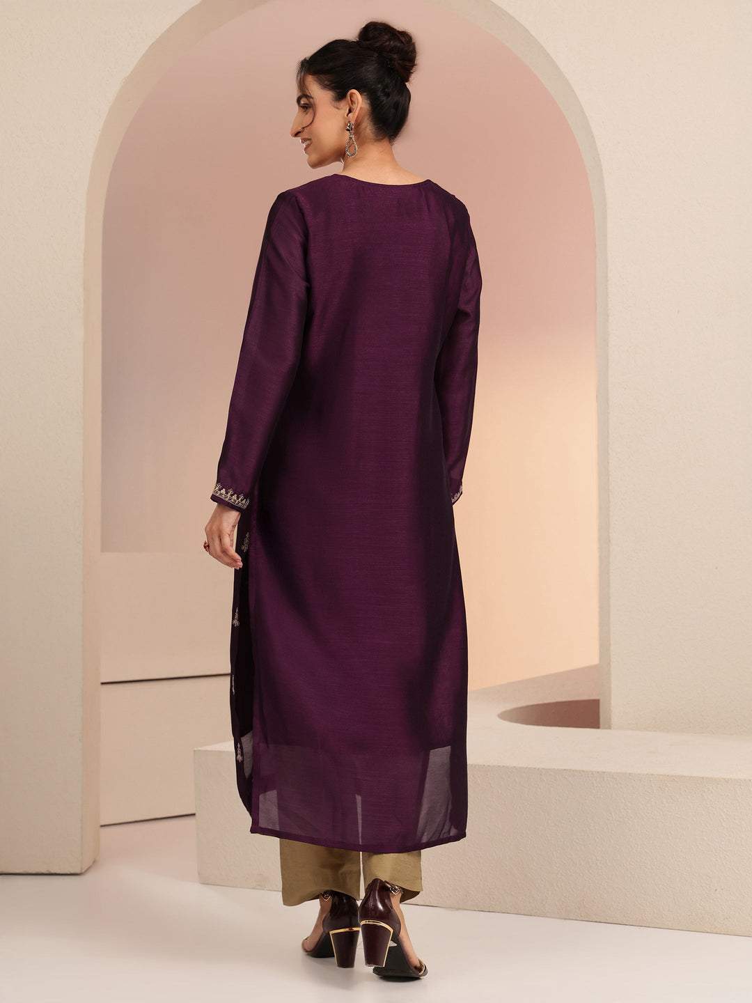 Libas Burgundy Ethnic Embroidered Silk Blend Straight Kurta
