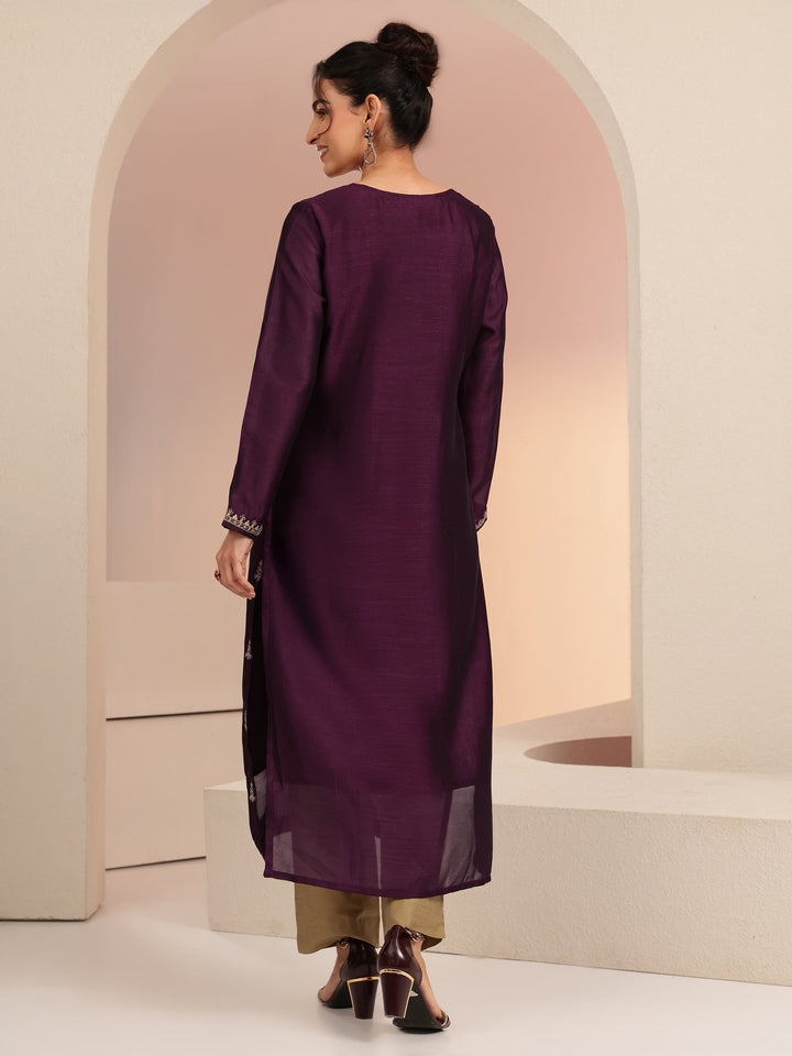 Libas Burgundy Ethnic Embroidered Silk Blend Straight Kurta