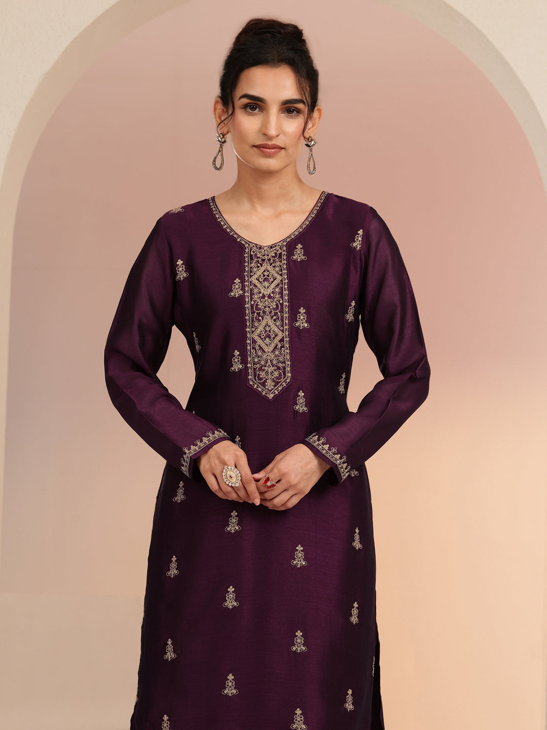 Libas Burgundy Ethnic Embroidered Silk Blend Straight Kurta