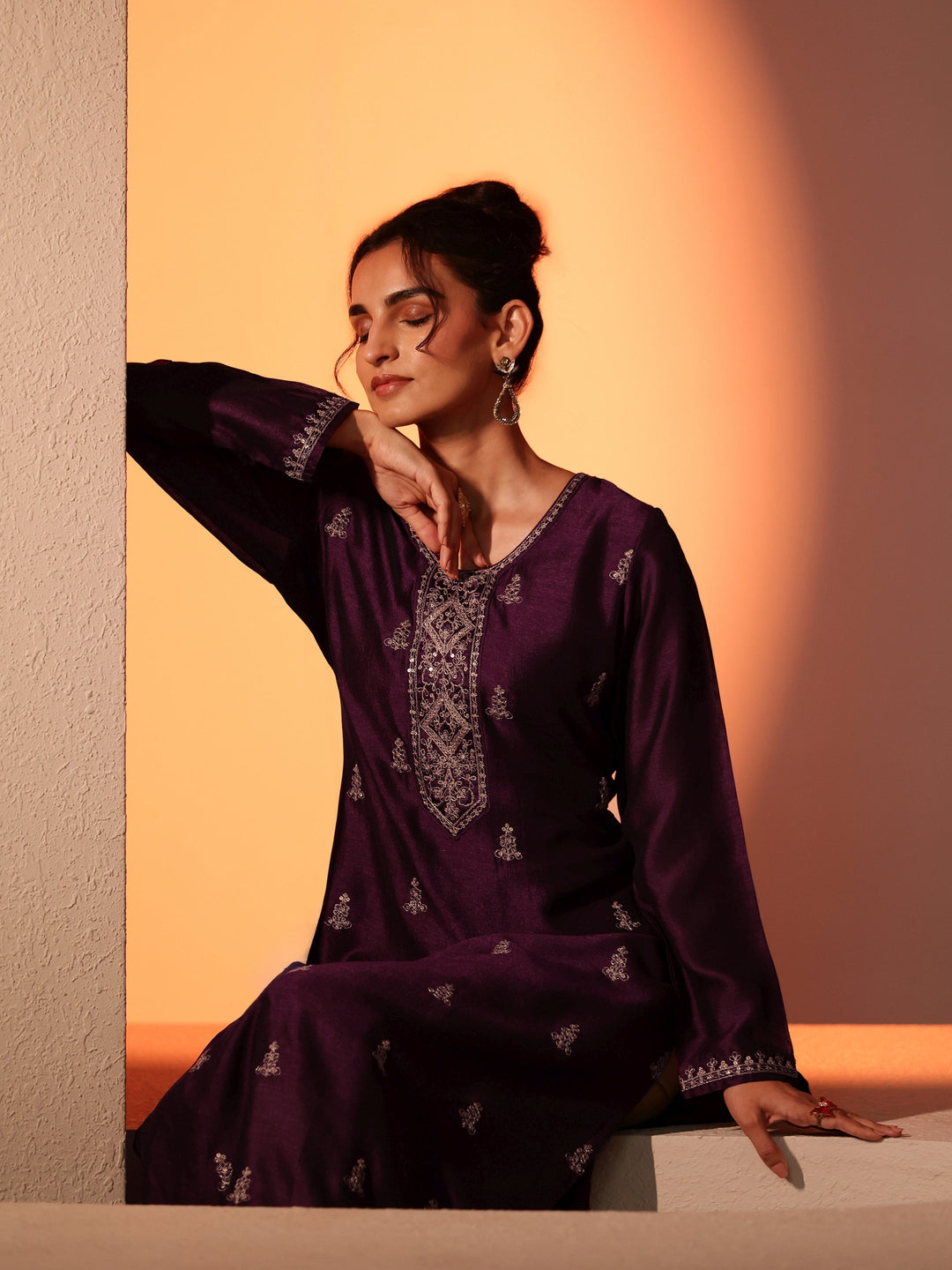 Libas Burgundy Ethnic Embroidered Silk Blend Straight Kurta