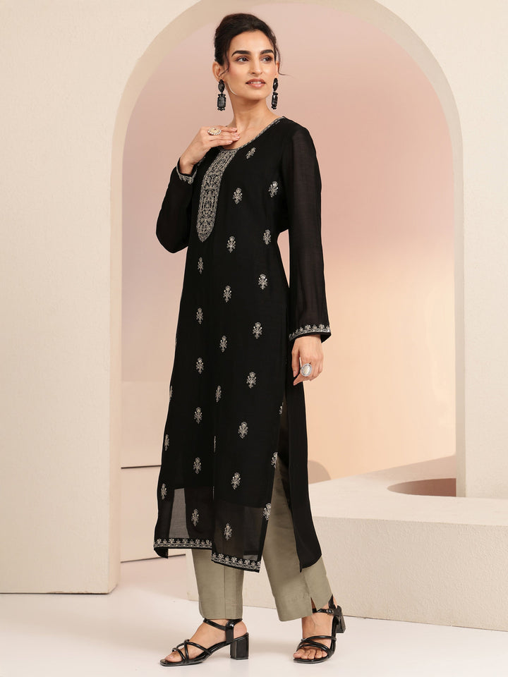 Libas Black Ethnic Embroidered Silk Blend Straight Kurta