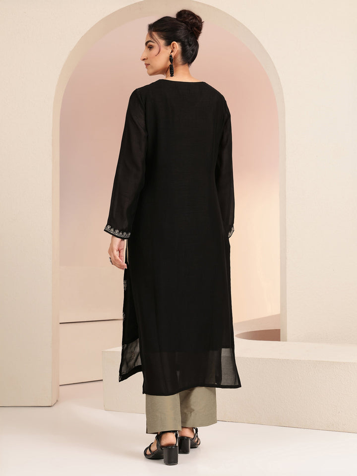 Libas Black Ethnic Embroidered Silk Blend Straight Kurta