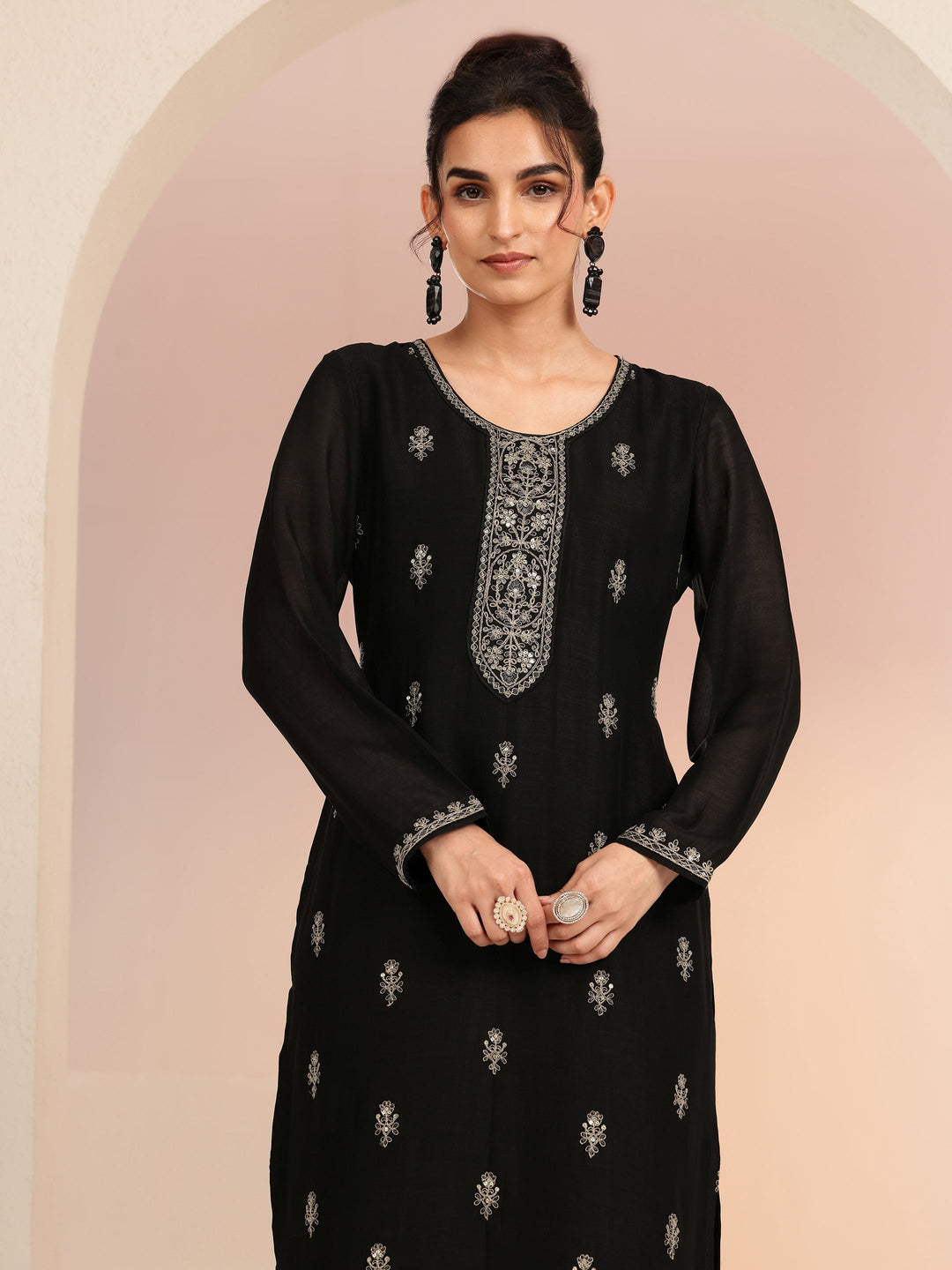 Libas Black Ethnic Embroidered Silk Blend Straight Kurta