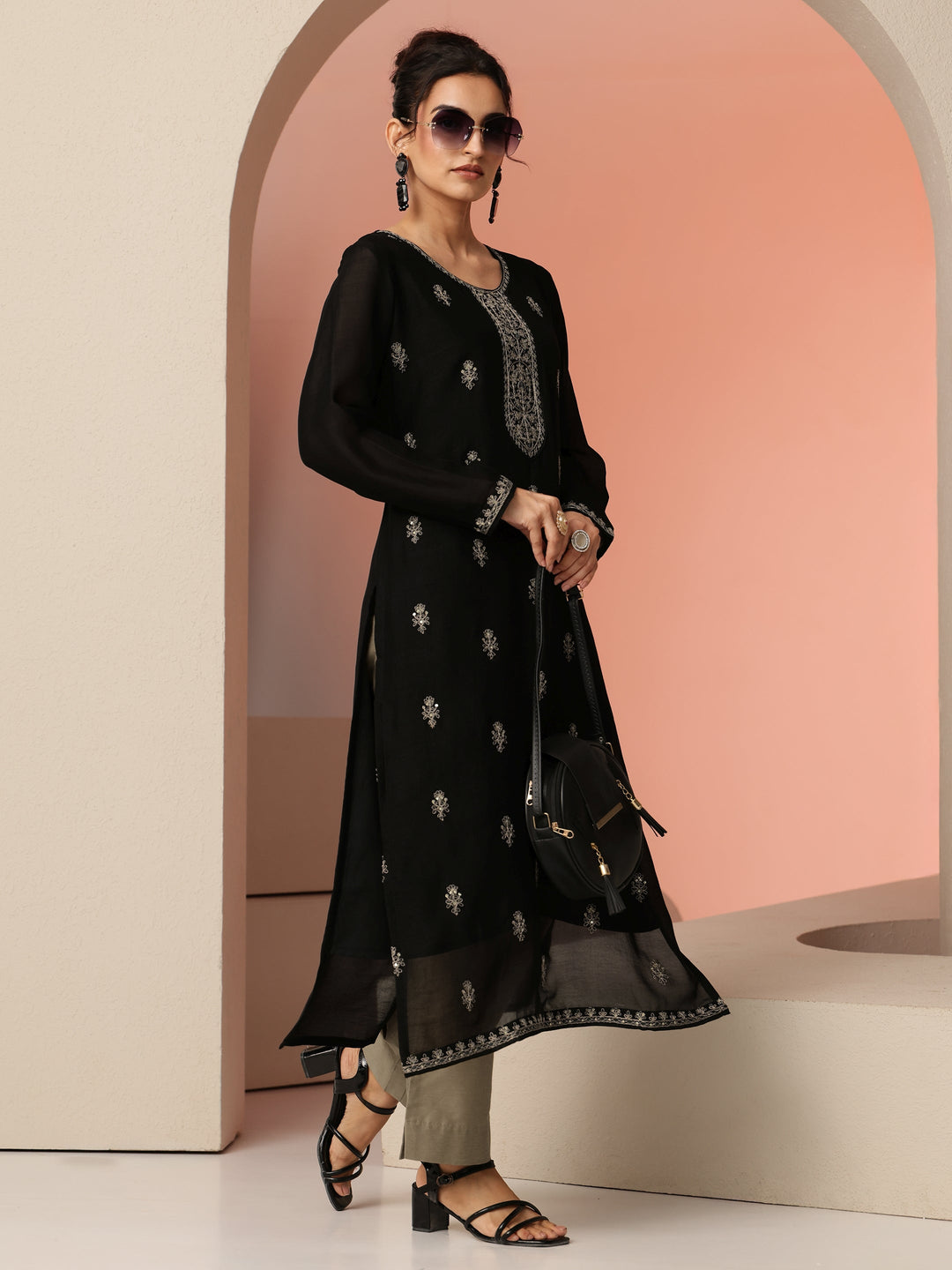 Libas Black Ethnic Embroidered Silk Blend Straight Kurta