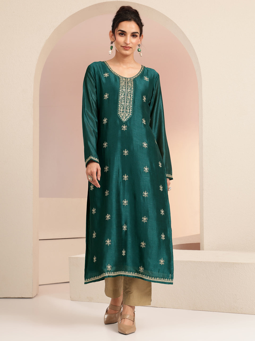Libas Bottle Green Ethnic Embroidered Silk Blend Straight Kurta