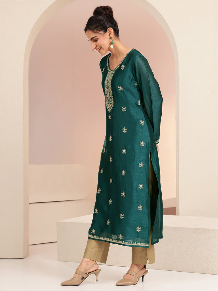 Libas Bottle Green Ethnic Embroidered Silk Blend Straight Kurta