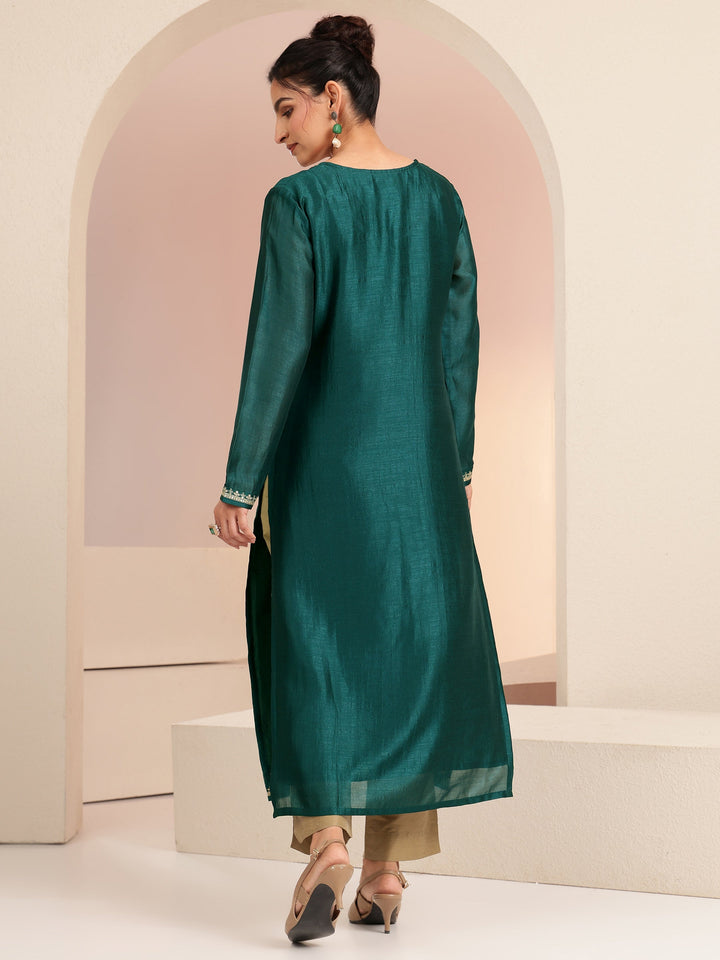 Libas Bottle Green Ethnic Embroidered Silk Blend Straight Kurta