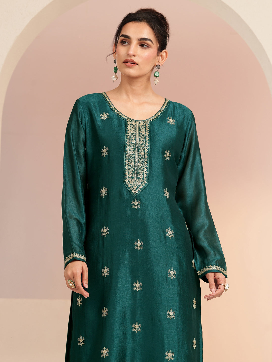 Libas Bottle Green Ethnic Embroidered Silk Blend Straight Kurta