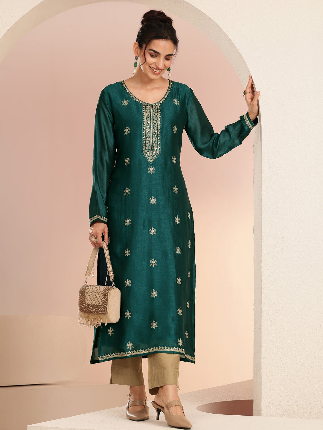 Libas Bottle Green Ethnic Embroidered Silk Blend Straight Kurta