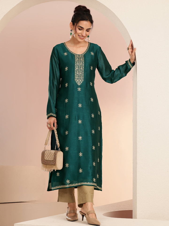 Libas Bottle Green Ethnic Embroidered Silk Blend Straight Kurta