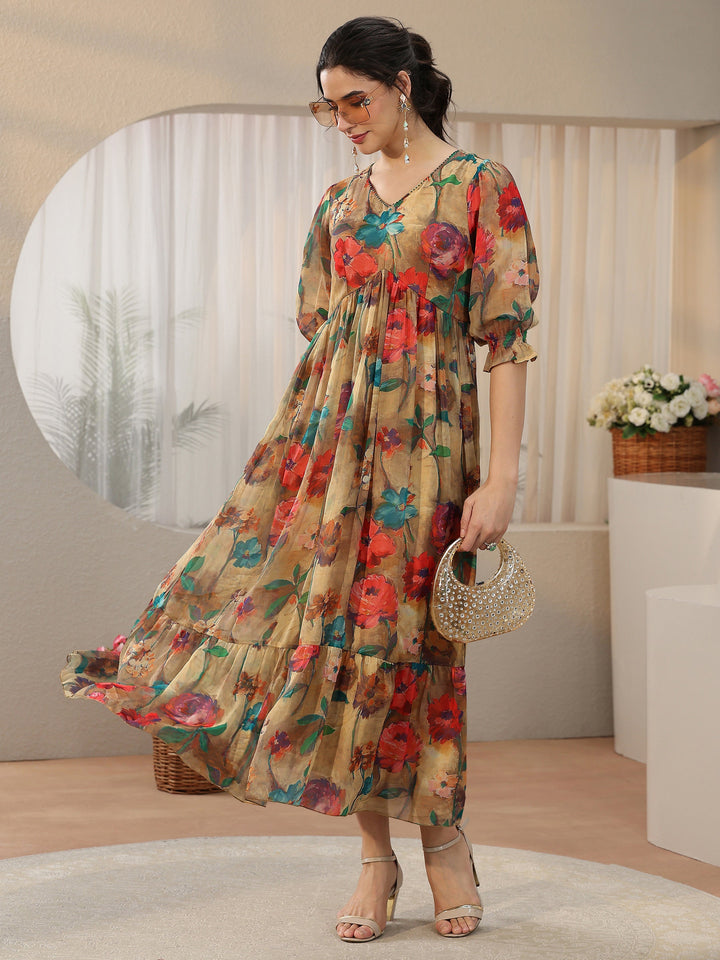 Libas Multicolour Floral Printed Empire Chiffon Dress