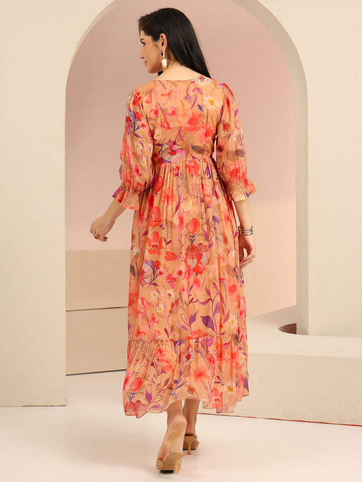 Libas Beige Floral Printed Chiffon Empire Dress