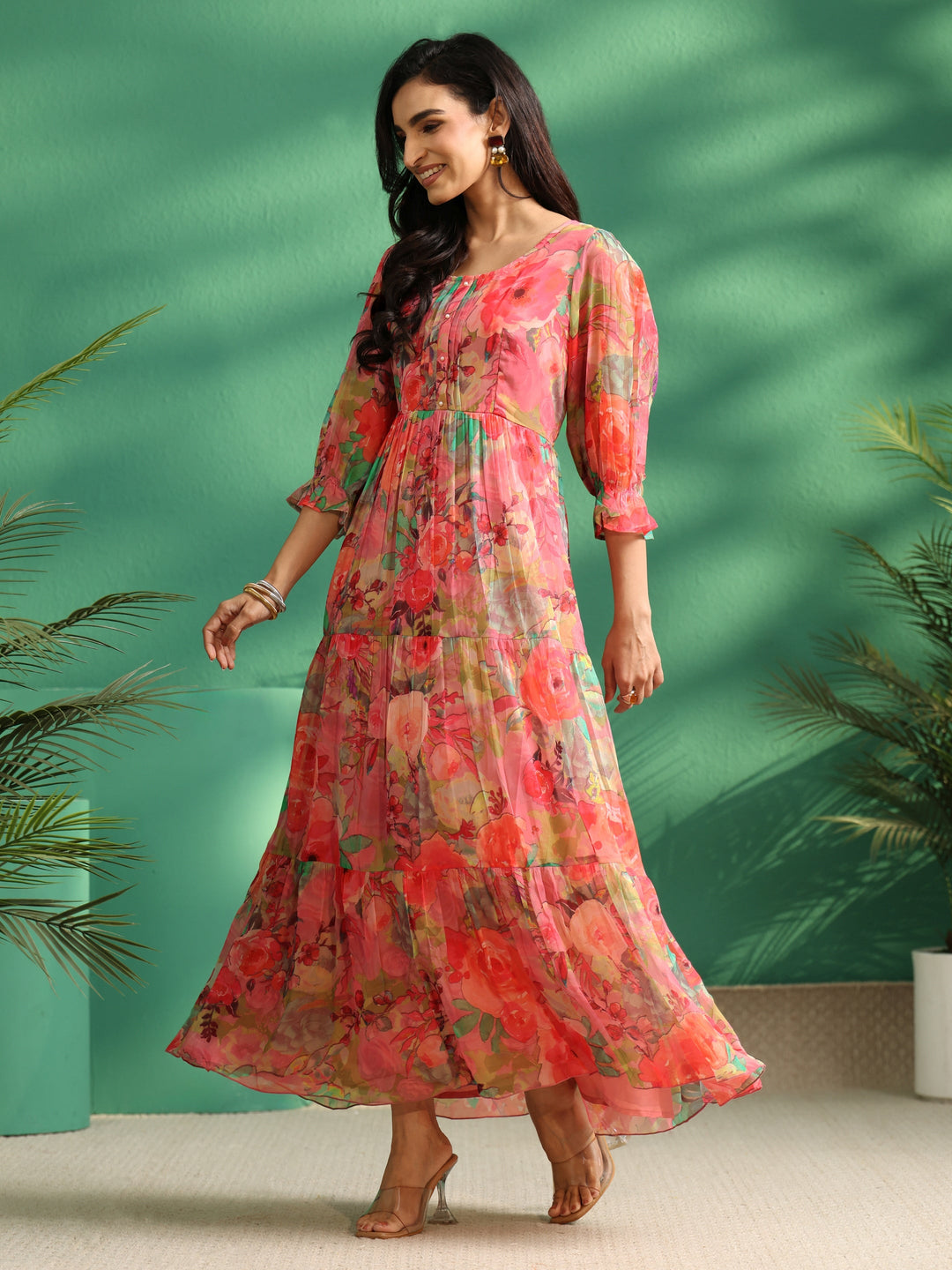 Libas Pink Floral Printed Chiffon Tiered Dress