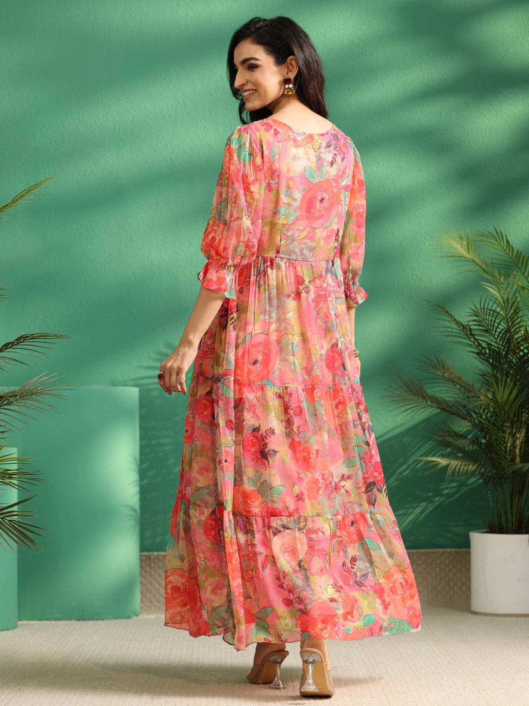 Libas Pink Floral Printed Chiffon Tiered Dress