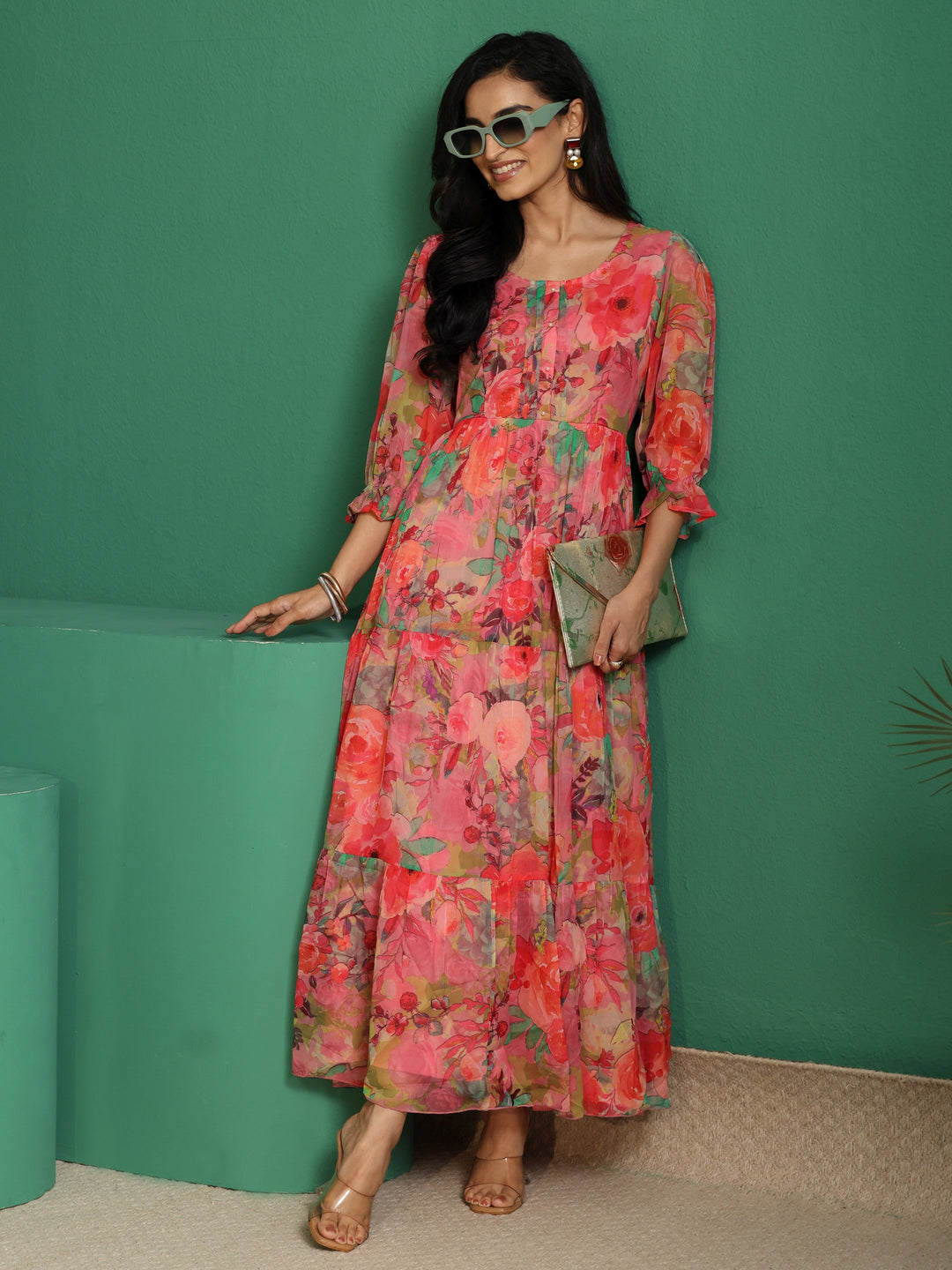 Libas Pink Floral Printed Chiffon Tiered Dress