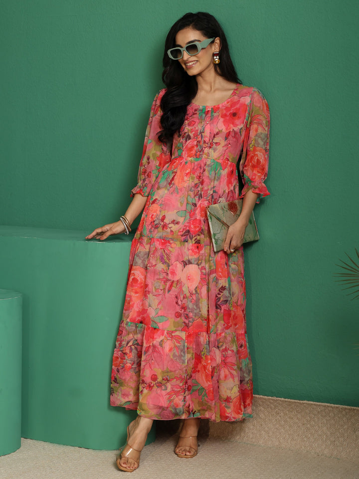 Libas Pink Floral Printed Chiffon Tiered Dress