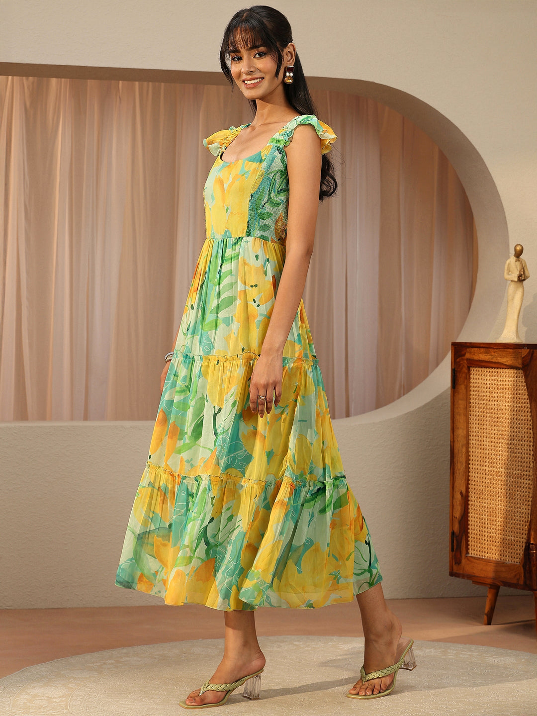 Seafoam Green Floral Printed Chiffon Tiered Dress