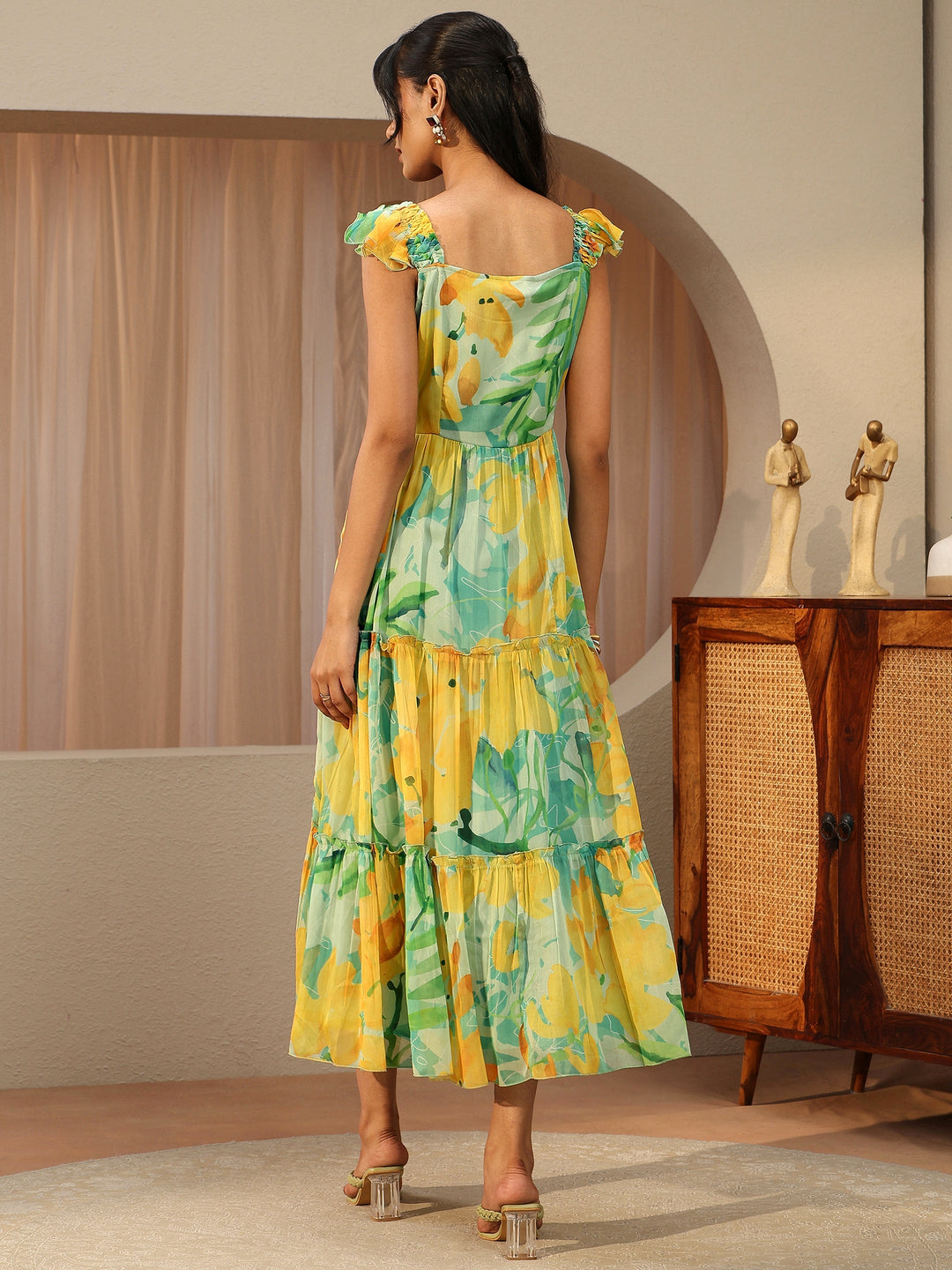 Seafoam Green Floral Printed Chiffon Tiered Dress