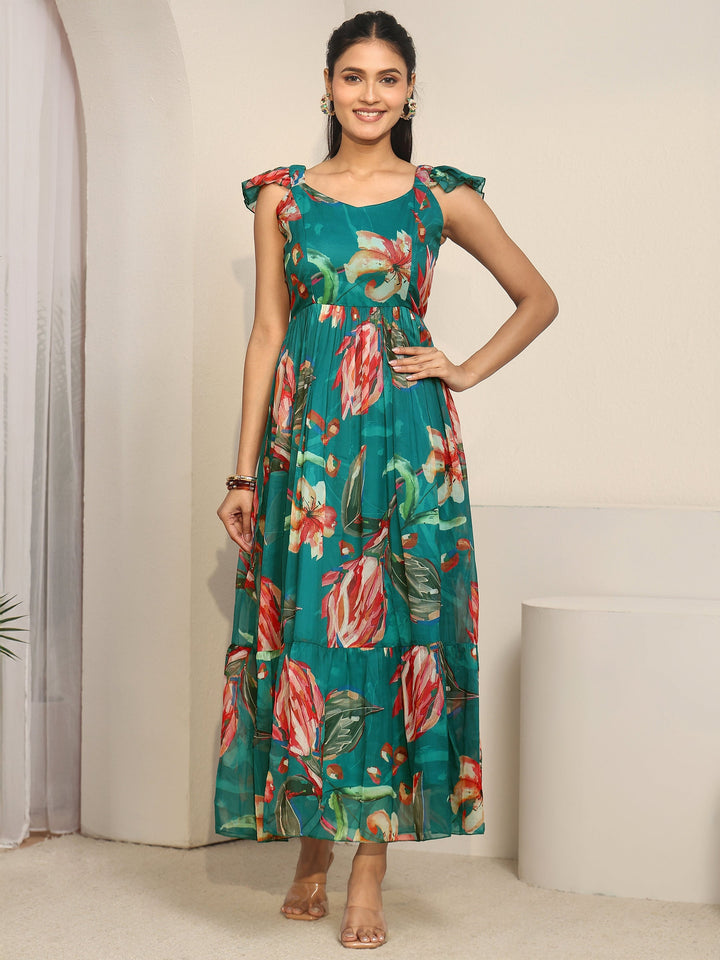Libas Teal Blue Floral Printed Chiffon Fit And Flare Dress