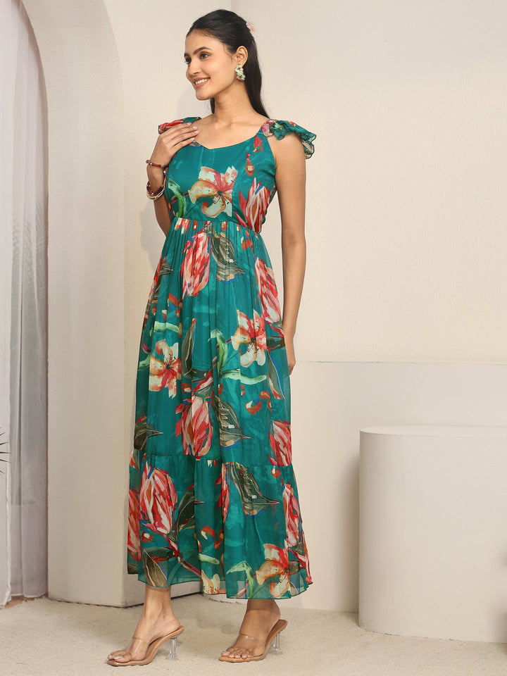 Libas Teal Blue Floral Printed Chiffon Fit And Flare Dress