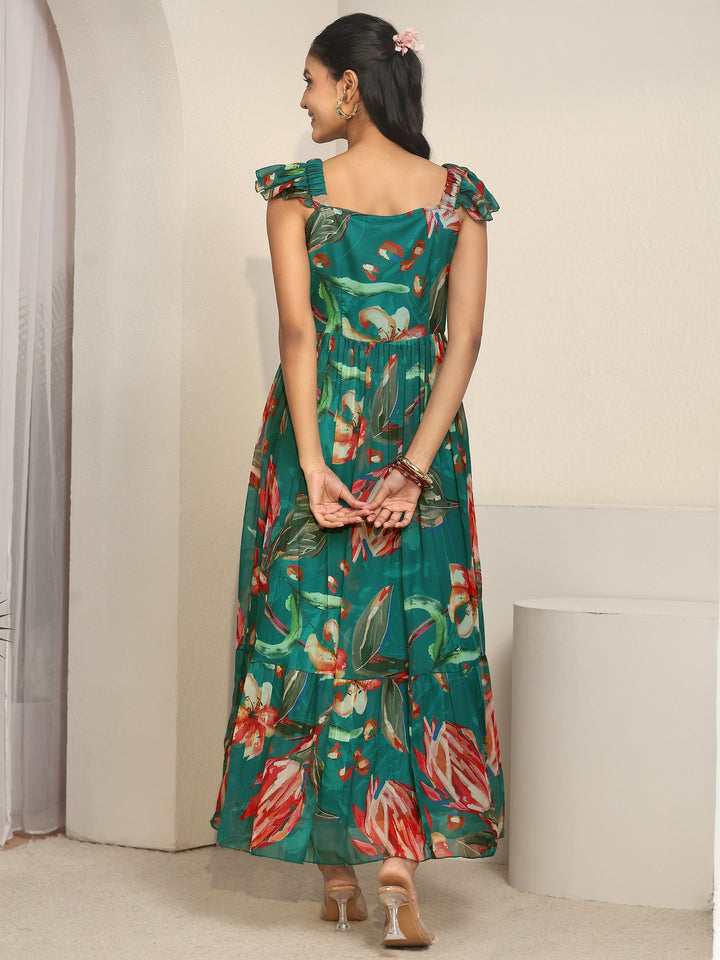 Libas Teal Blue Floral Printed Chiffon Fit And Flare Dress