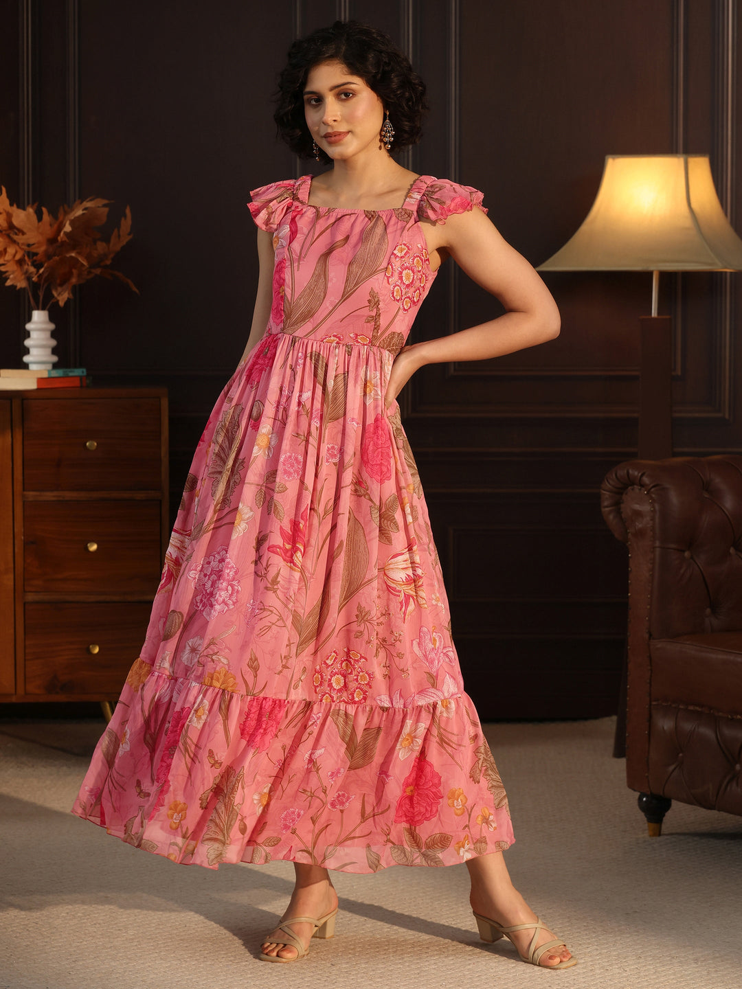Libas Pink Floral Printed Chiffon Fit And Flare Dress