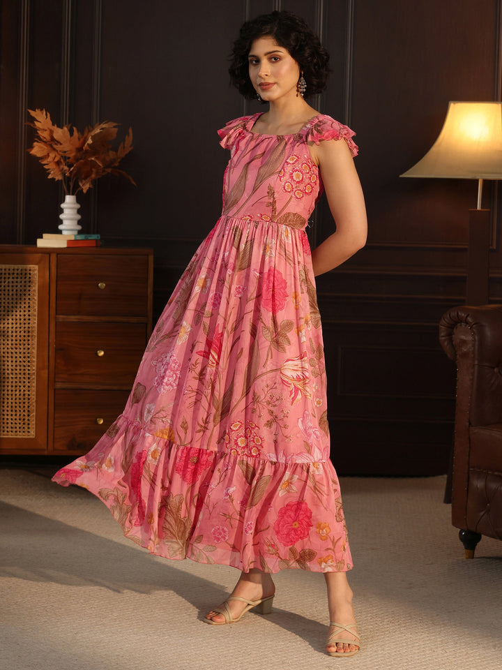 Libas Pink Floral Printed Chiffon Fit And Flare Dress