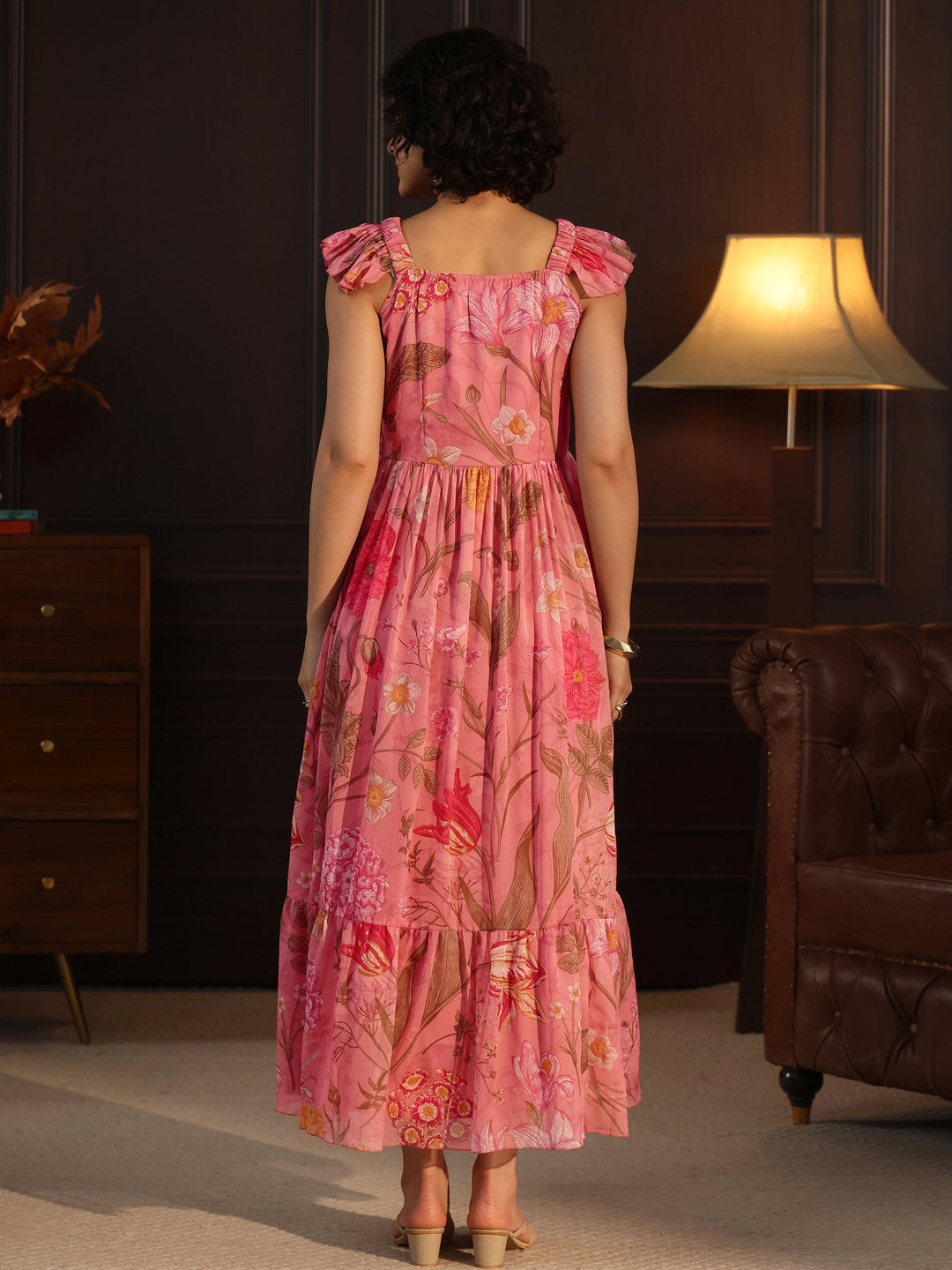 Libas Pink Floral Printed Chiffon Fit And Flare Dress