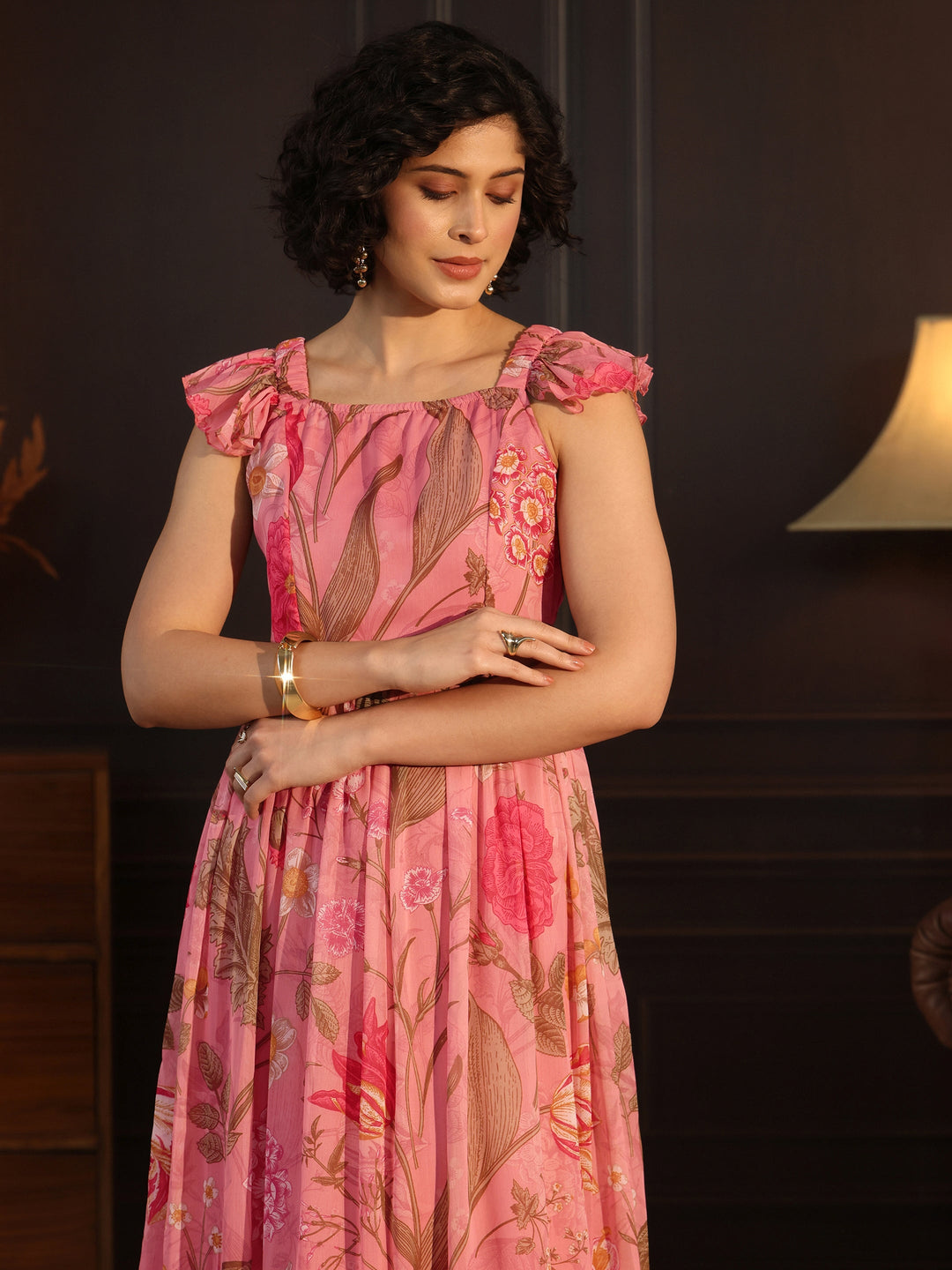 Libas Pink Floral Printed Chiffon Fit And Flare Dress