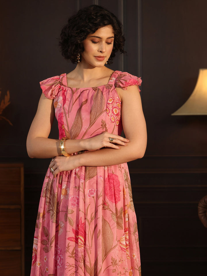 Libas Pink Floral Printed Chiffon Fit And Flare Dress