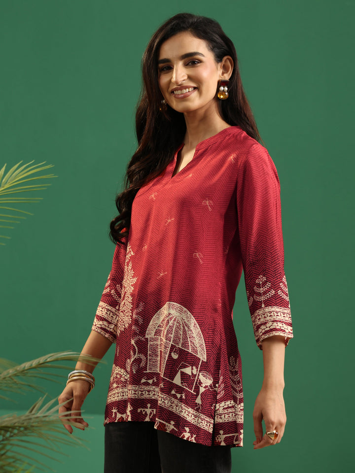 Libas Maroon Red Warli Print Muslin Straight Short Kurti